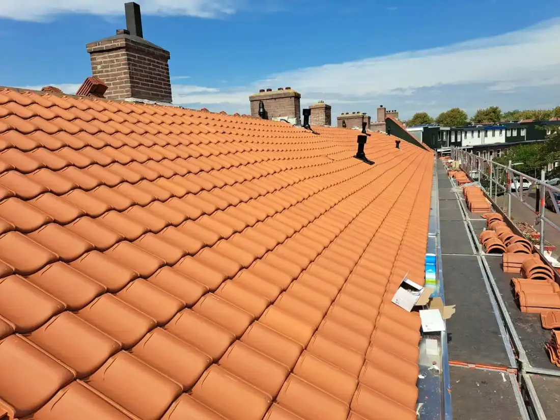 Pannendak na de renovatie met opnieuw aangebrachte dakpannen en afgewerkte dakdoorvoeren